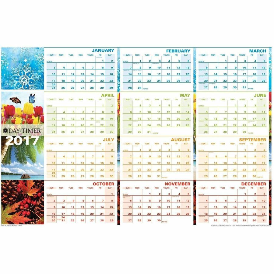 Day-Timer - Planificateur mural flexible effa&ccedil;able horizontal saisonnier 2027 - 23 7/8 po H x 36 po l - multicolore - bilingue