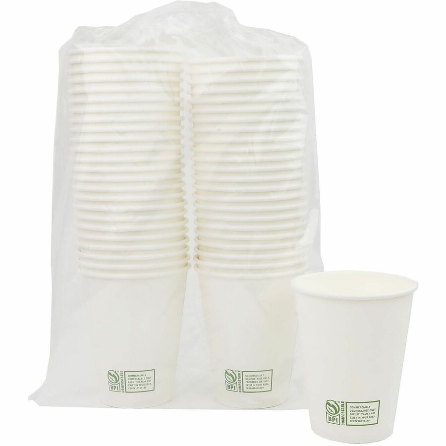 Genuine Joe BPI Certified Compostable Paper Cups - 12 fl oz - Leak Proof Closure - White - Paper, Polylactic Acid (PLA) - Cold, Beverage, Breakroom