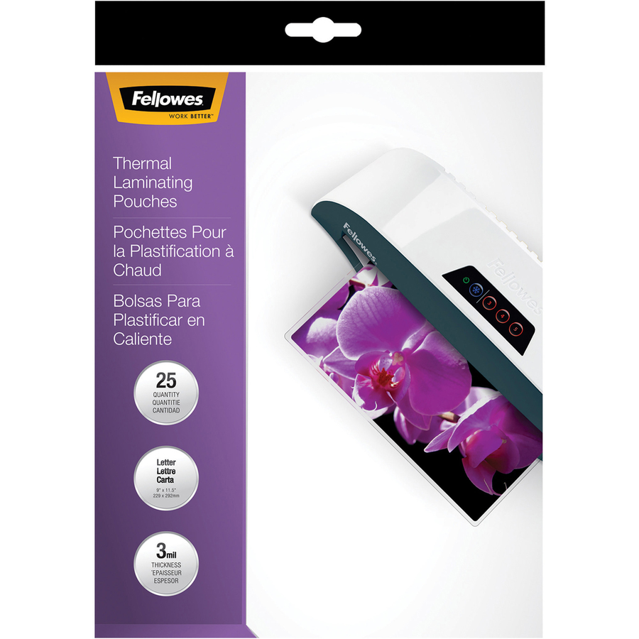 Fellowes Thermal Laminating Pouches - ImageLast™, Jam Free, Letter, 3 mil, 25 pack - Sheet Size Supported: Letter - Laminating Pouch/Sheet Size: 9" Width x 3 mil Thickness - Type G - Glossy - for Document - Self-adhesive, Durable, UV Resistant, Fade - Laminating Supplies - FEL5200501
