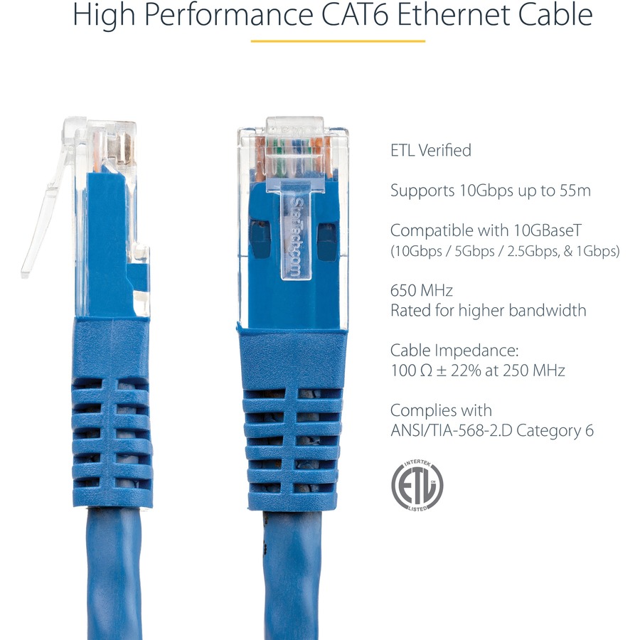 StarTech 3ft CAT6 Ethernet Cable - Blue Molded Gigabit - 100W PoE UTP 250Mhz - Category 6 Patch Cord UL Certified Wiring/TIA