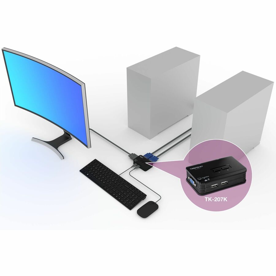TRENDnet 2-Port USB KVM Switch And Cable Kit, 2048 x 1536 Resolution, Device Monitoring, Auto-Scan, Audible Feedback, USB 1.1, Compliant With Windows And Linux, Hot-Pluggable, White, TK-207K