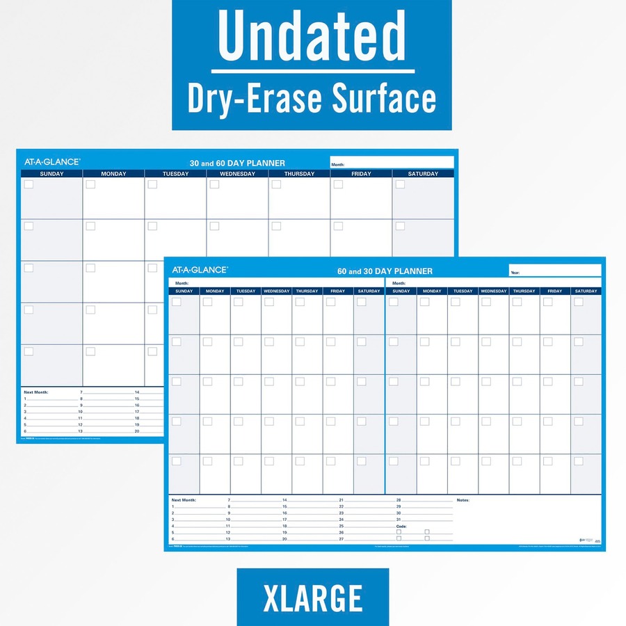 At-A-Glance 30/60 Day Undated Horizontal Wall Planner - 48" x 32" Sheet Size - Blue - Laminated, Erasable - 1 Each