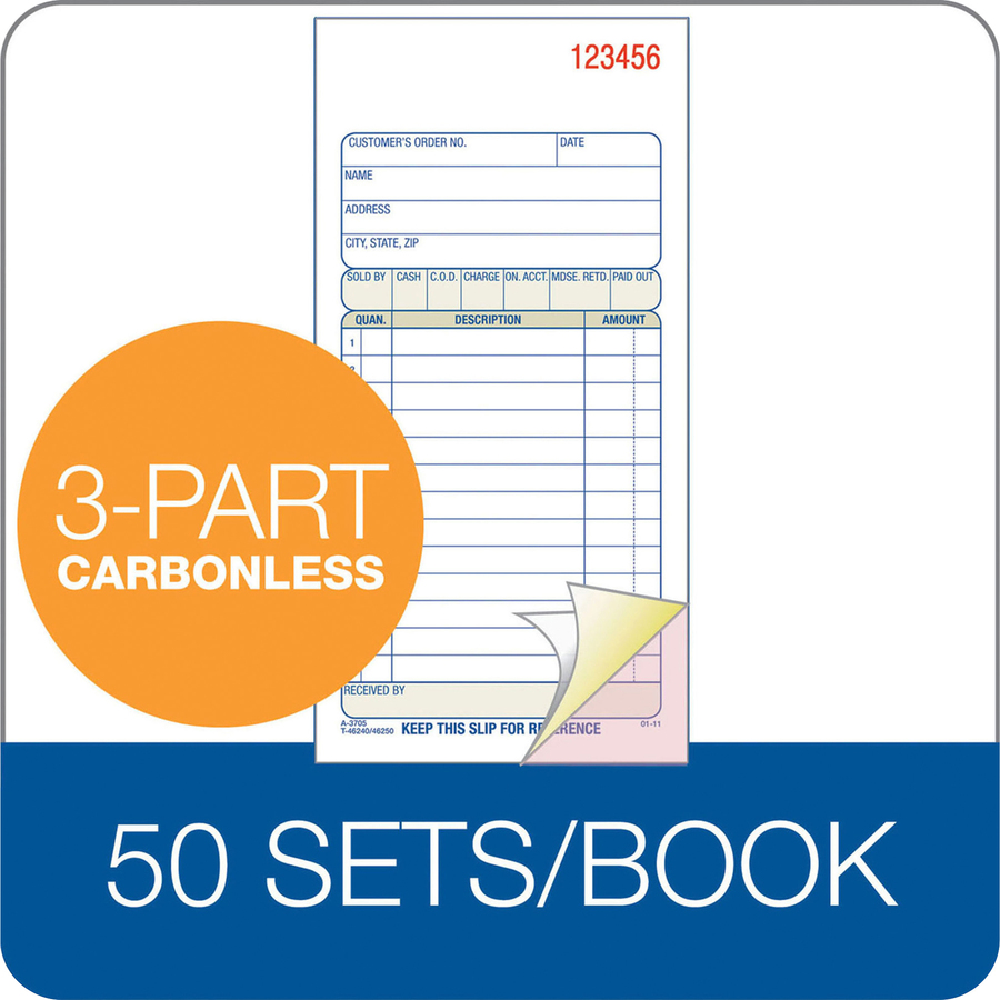 Adams Carbonless 3-part Sales Order Books - 50 Sheet(s) - 3 PartCarbonless Copy - 3.34" x 7.18" Sheet Size - White - Assorted Sheet(s) - 1 Each