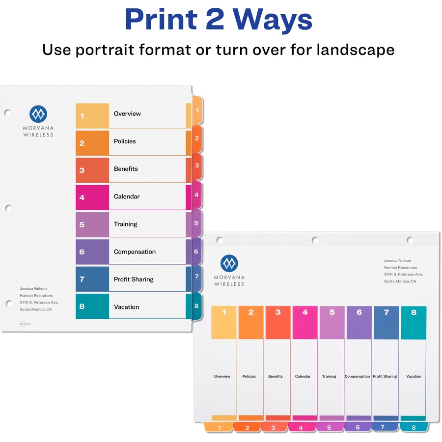 Avery® Ready Index Custom TOC Binder Dividers - 48 x Divider(s) - 1-8 - 8 Tab(s)/Set - 8.5" Divider Width x 11" Divider Length - 3 Hole Punched - White Paper Divider - Multicolor Paper Tab(s) - Recycled - 6 / Pack