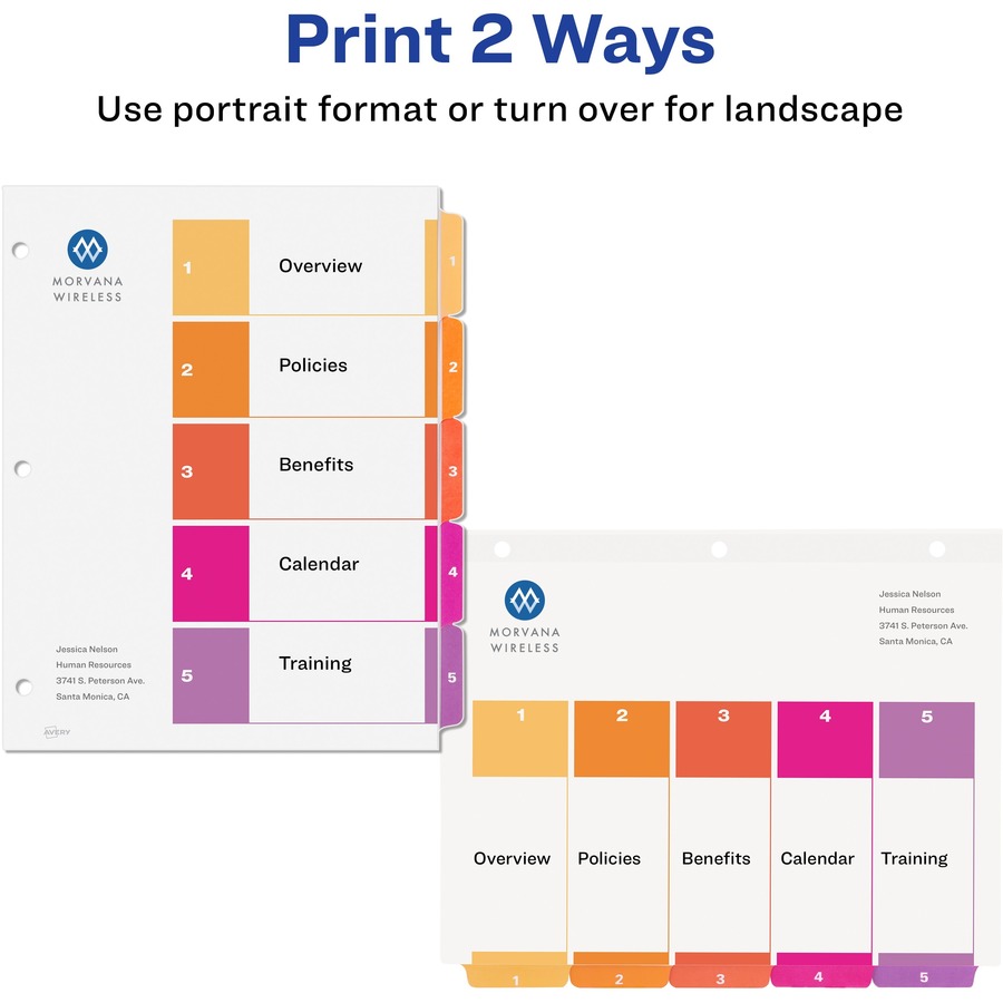 Avery® Ready Index Custom TOC Binder Dividers - 30 x Divider(s) - 1-5, Table of Contents - 5 Tab(s)/Set - 8.50" Divider Width x 11" Divider Length - 3 Hole Punched - White Paper Divider - Multicolor Paper Tab(s) - 6 / Pack - Index Dividers - AVE11187