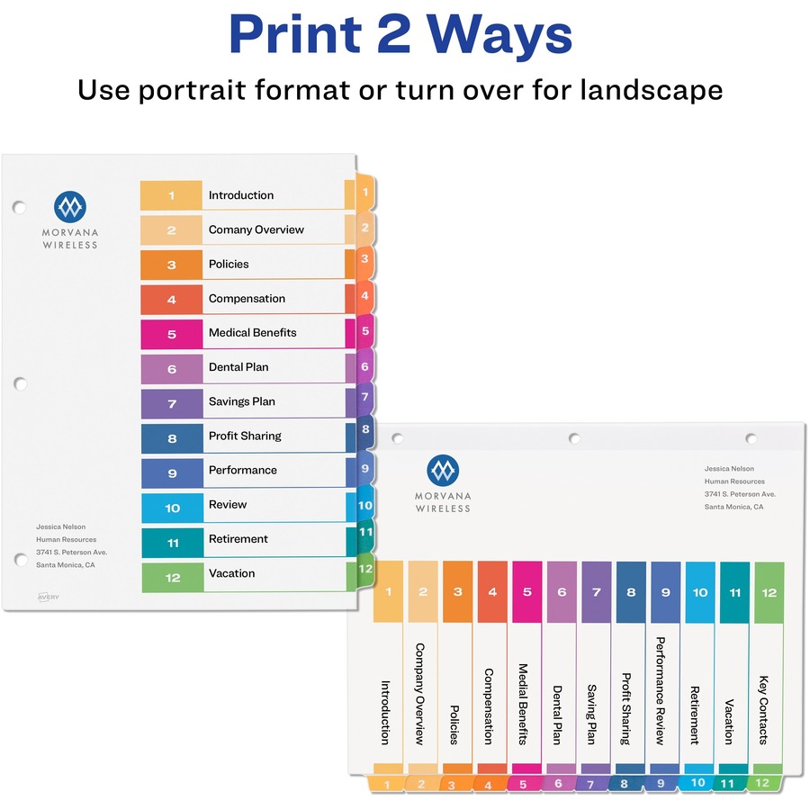 Avery® Ready Index Custom TOC Binder Dividers - 72 x Divider(s) - 1-12, Table of Contents - 12 Tab(s)/Set - 8.50" Divider Width x 11" Divider Length - 3 Hole Punched - White Paper Divider - Multicolor Paper Tab(s) - 6 / Pack - Copier/Laser/Inkjet Index Dividers - AVE11196