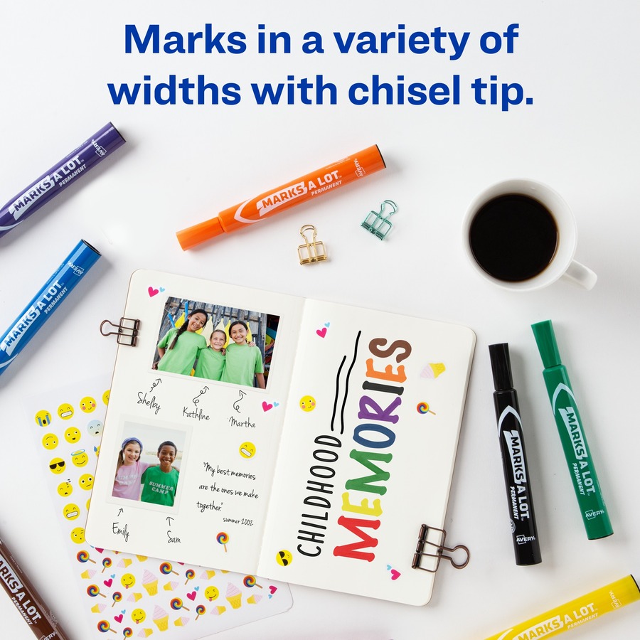 Avery® Marks A Lot Permanent Markers - Large Desk-Style Size - Chisel Marker Point Style - Black, Blue, Orange, Green, Purple, Yellow - 12 / Set
