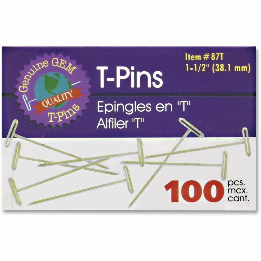 GEM87T - T-Pins with 9/16" wide heads are a great solution for posting items to cork, fabric, wood and other surfaces. Each features a smooth T-bar head and sharp point and is made from high-quality steel with a nickel-plated finish for rust-resistance. T-Pin easily penetrates the toughest surfaces without bending. Excellent for holding papers to panel fabric.