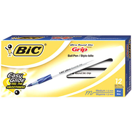BIC Round Stic Grip Ballpoint Pen - Medium Pen Point - Blue - Frost Barrel - 1 Dozen