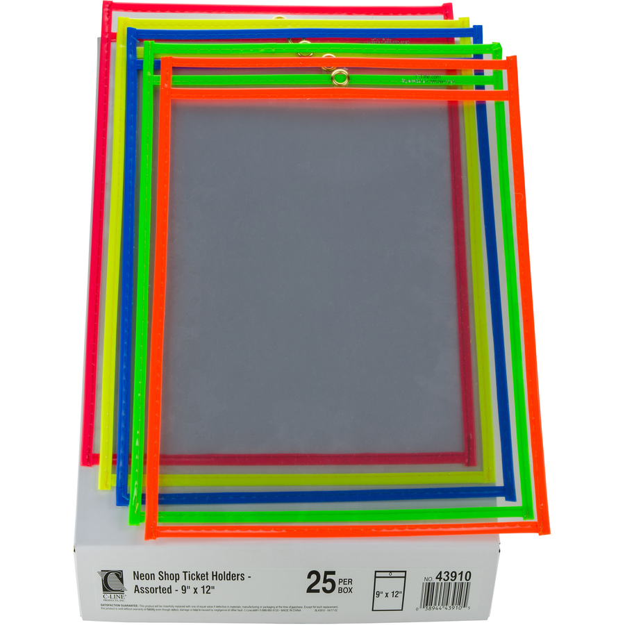 C-Line Neon Shop Ticket Holders, Stitched - Assorted, 5 Colors, Both Sides Clear, 9 x 12, 25/BX, 43910