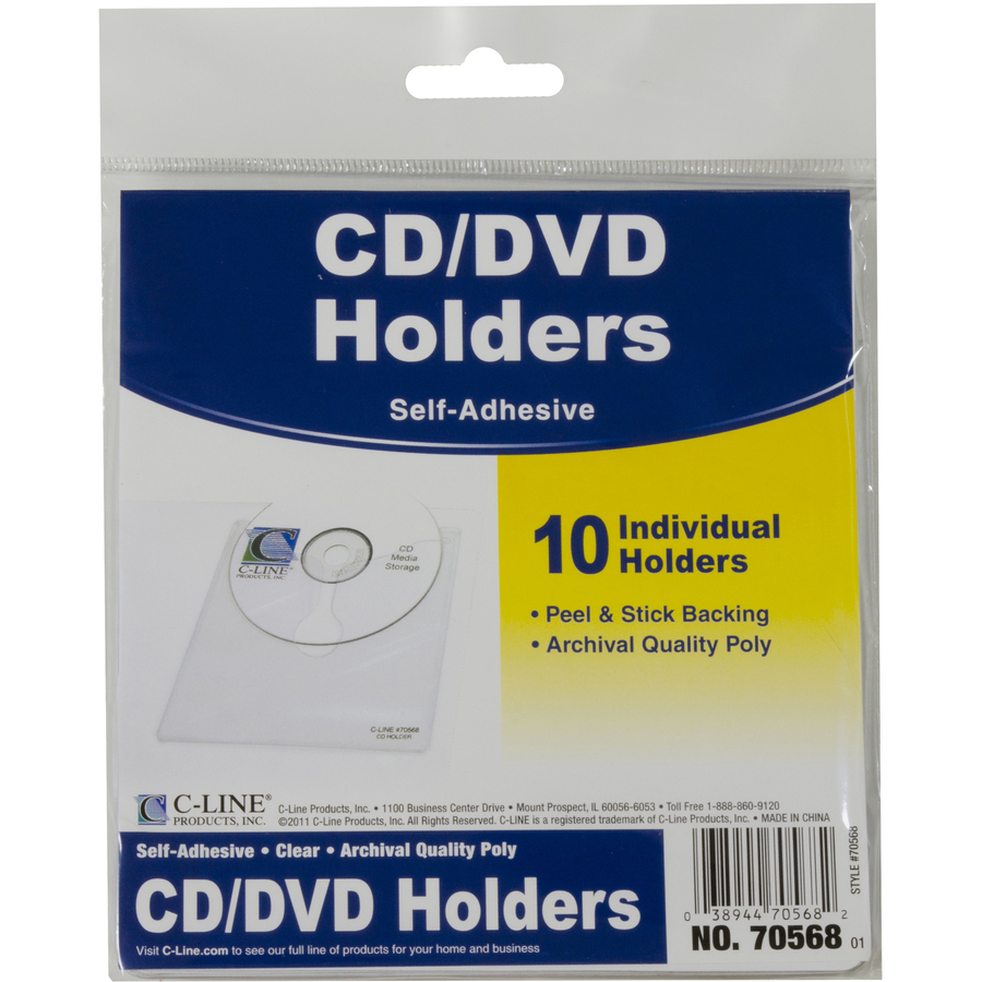 C-Line Self-Adhesive CD/DVD Poly Holders - 1 x CD/DVD Capacity - Clear - Polypropylene - 10 / Pack - CD/DVD Case Inserts - CLI70568