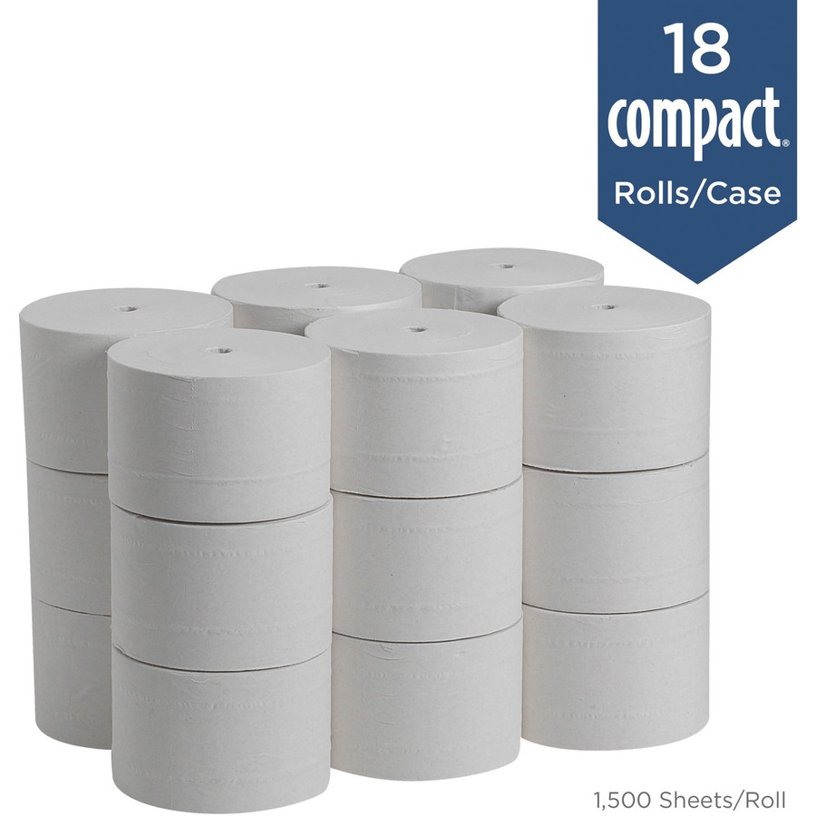 Compact Coreless Recycled Toilet Paper - 2 Ply - 4.05" x 3.85" - 1500 Sheets/Roll - 5.75" Roll Diameter - White - 18 / Pack