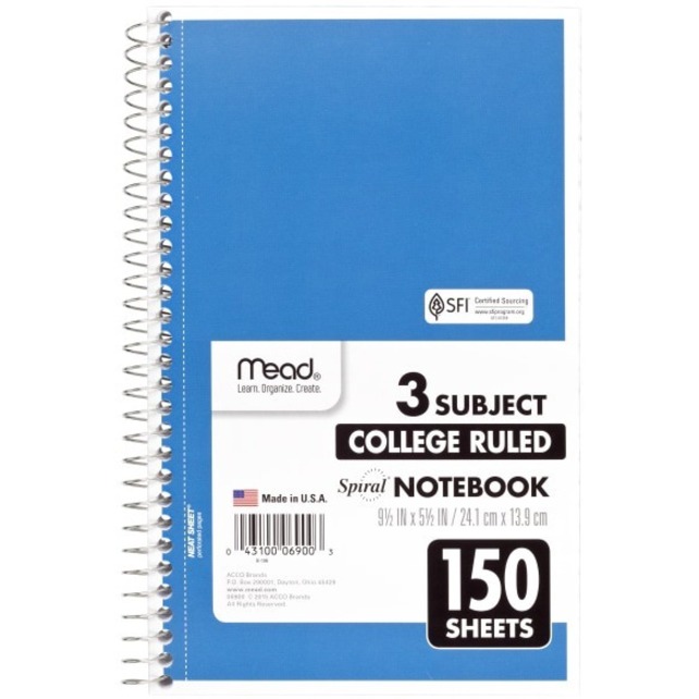 Spiral Notebook, 3-Hole Punched, 1-Subject, Wide/Legal Rule, Randomly  Assorted Cover Color, (70) 10.5 x 7.5 Sheets