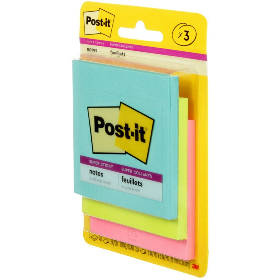 Post-it® Super Sticky Notes - Supernova Neons Color Collection - 135 - 3" x 3" - Square - 45 Sheets per Pad - Unruled - Aqua Splash, Acid Lime, Tropical Pink - Paper - Self-adhesive - 3 / Pack