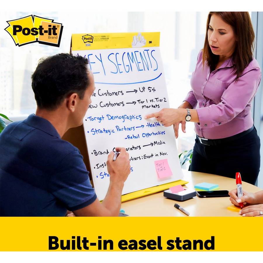Post-it® Tabletop Easel Pads - 20 Sheets - Plain - Stapled - 18.50 lb Basis Weight - 20" x 23" - White Paper - Resist Bleed-through, Self-adhesive, Perforated, Built-in Stand, Repositionable, Refillable, Cardboard Back - 1 / Pad