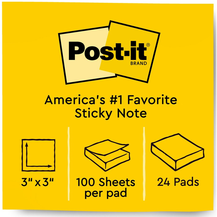 Post-it® Notes Value Pack - 100 - 3" x 3" - Square - Unruled - Canary - Self-adhesive - 5 / Pack