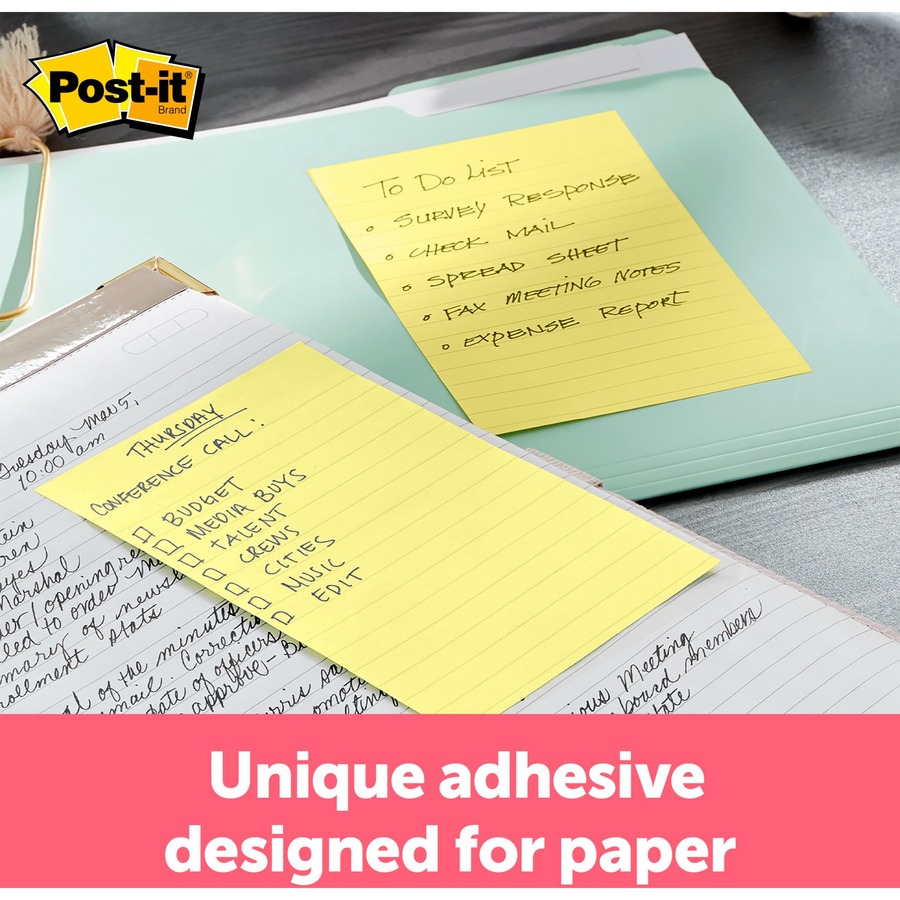 Post-it® Lined Notes - 500 - 4" x 6" - Rectangle - 100 Sheets per Pad - Ruled - Yellow - Paper - Self-adhesive, Repositionable - 5 / Pack