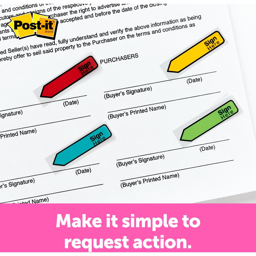 Post-it® 1/2"W Arrow Message Flags - 4 Dispensers - 30 x Yellow, 30 x Blue, 30 x Red, 30 x Green - 0.50" x 1.75" - Rectangle, Arrow - Unruled - "SIGN HERE" - Blue, Green, Red, Yellow, Assorted - Removable, Self-adhesive - 120 / Pack - Flags - MMM684SH