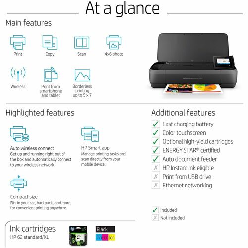 HP OfficeJet 250 Mobile All-in-One Printer, Copy/Fax/Print/Scan