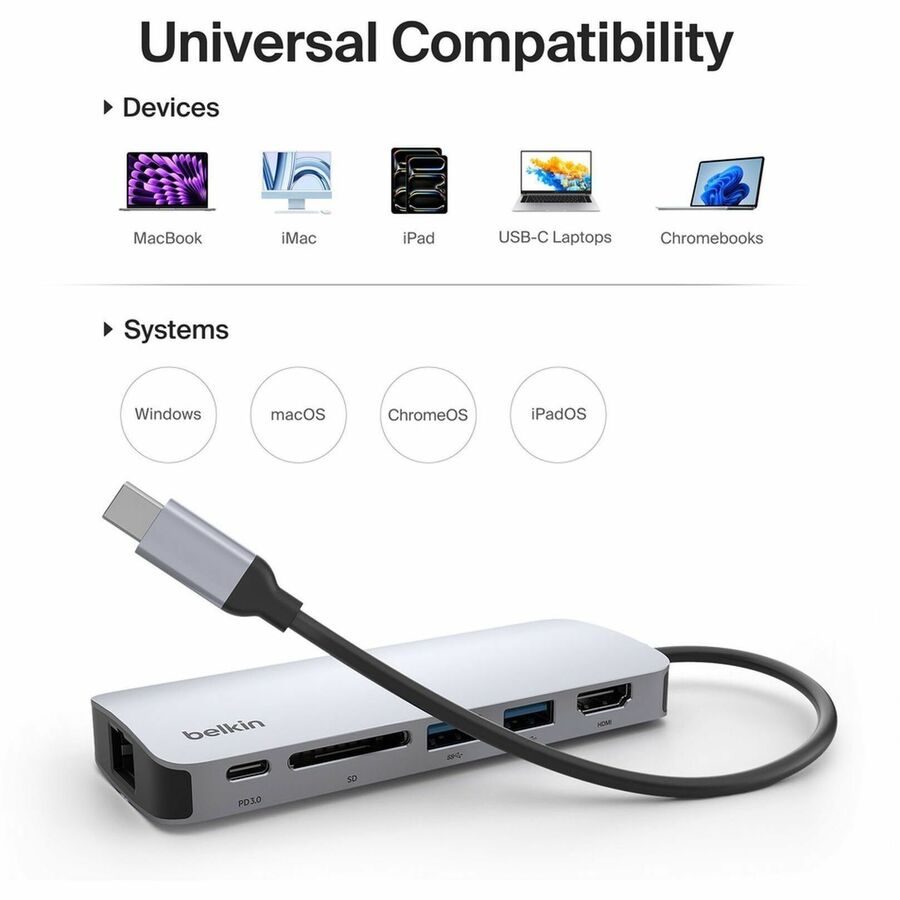Belkin 6-Port USB-C Hub - USB-C to 2xUSB-A, 1xUSB-C, 1xEthernet, 1x8K HDMI, 1xSD Reader - Docking Station - Grey