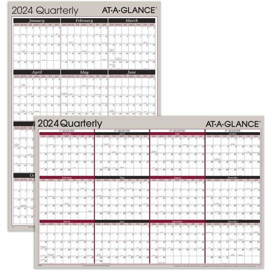 At-A-Glance Vertical Horizontal Reversible Erasable Quarterly Wall Calendar - Large Size - Julian Dates - Yearly, Quarterly - 12 Month - January 2024 - December 2024 - 24" x 36" White Sheet - 1" x 1.31" , 1.25" x 1.19" Block - Gray - Laminate - Erasable, 