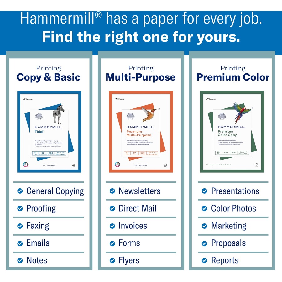 Hammermill Tidal Express Pack Laser, Inkjet Copy & Multipurpose Paper - White - Recycled - 92 Brightness - Letter - 8 1/2" x 11" - 20 lb Basis Weight - 2500 / Carton - SFI - Copy & Multi-use White Paper - HAM163120