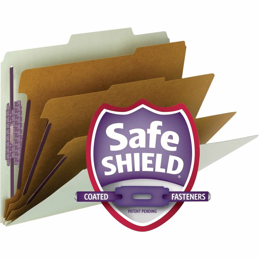 Smead SafeSHIELD 2/5 Tab Cut Letter Recycled Classification Folder - 8 1/2" x 11" - 3" Expansion - 2 x 2S Fastener(s) - 2" Fastener Capacity for Folder - Top Tab Location - Right of Center Tab Position - 3 Divider(s) - Pressboard, Kraft - Gray, Green - 10 - Pressboard Classification Folders - SMD14091