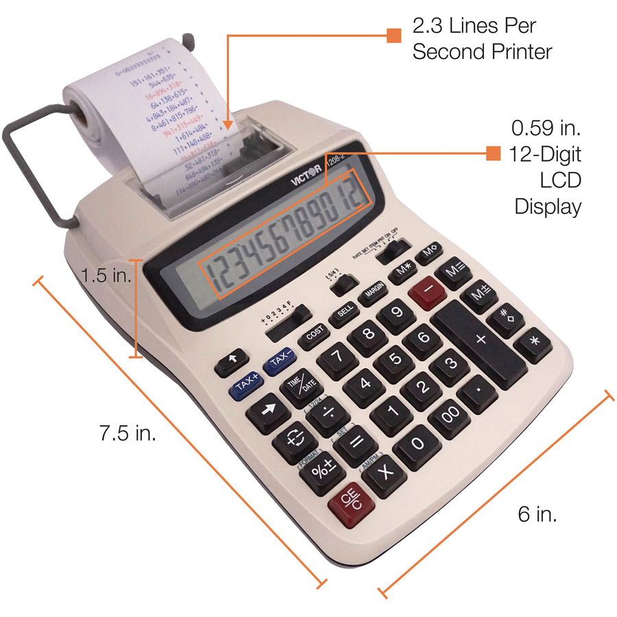 Victor 12082 Printing Calculator - 2.3 - Extra Large Display, Clock, Date, Sign Change, Environmentally Friendly, Independent Memory, 4-Key Memory - AC Supply/Power Adapter Powered - 1.5" x 6" x 7.5" - White - 1 Each - Printing Calculators - VCT12082