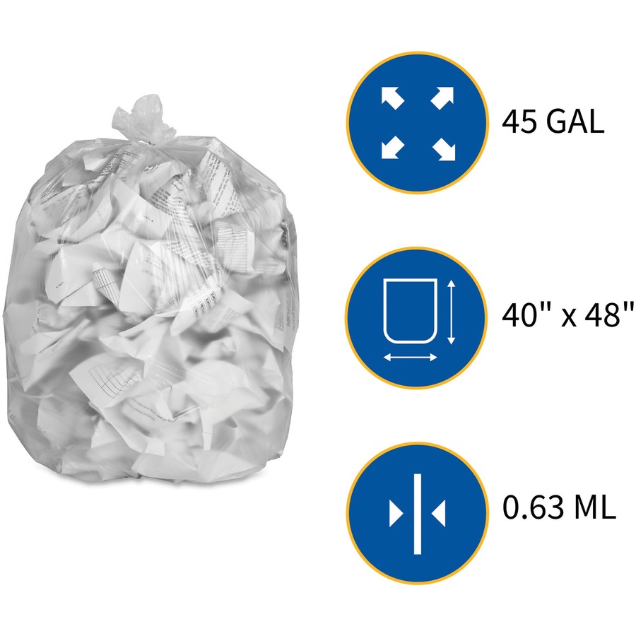 Genuine Joe High-density Can Liners - Large Size - 45 gal Capacity - 40" Width x 48" Length - 0.63 mil (16 Micron) Thickness - High Density - Clear - Resin - 10/Carton - 25 Per Roll - Office Waste, Industrial Trash