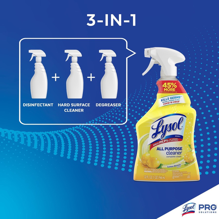 Lysol Lemon All Purpose Cleaner - Ready-To-Use - 32 fl oz (1 quart) - Lemon Breeze Scent - 12 / Carton - Deodorize, Disinfectant - Yellow