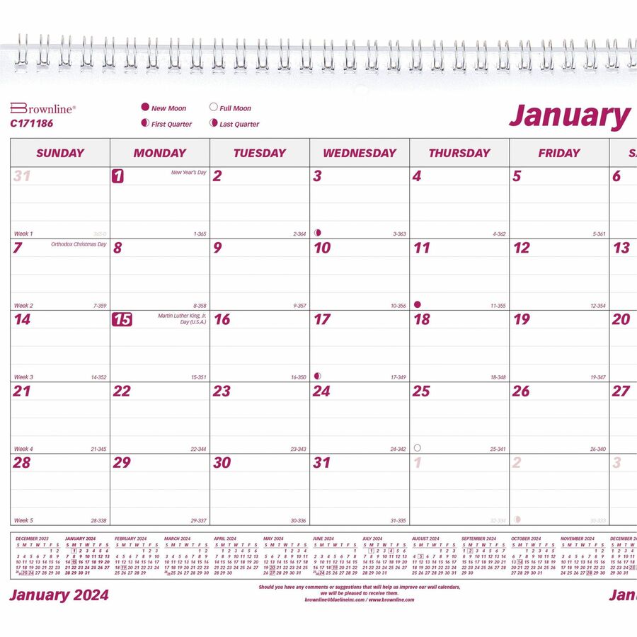 Brownline Wall Calendar - Julian Dates - Monthly - 1 Year - January 2024 - December 2024 - Wall Calendars - BLIC171186