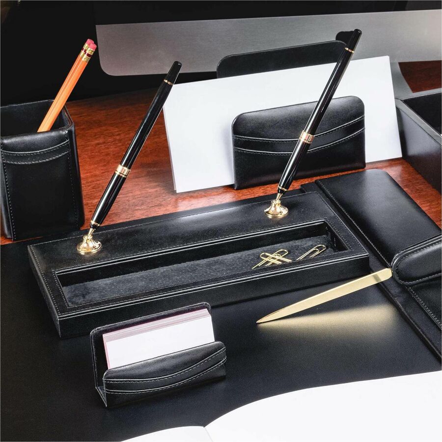 Dacasso Double Pen Stand with Gold Accent - 1" x 11.12" - Leather - Black