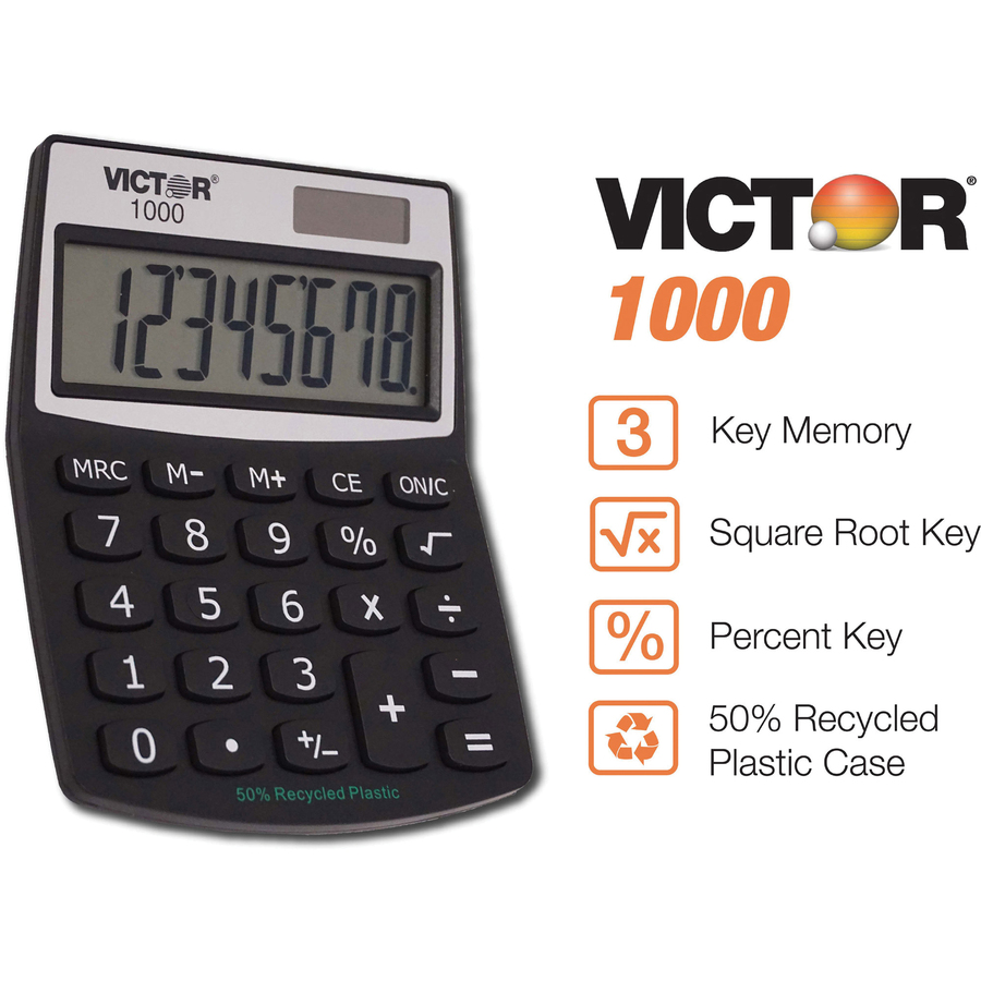 Victor 1000 Mini Desktop Calculator - Large LCD, Battery Backup, Independent Memory, Plastic Key, Dual Power - 0.71" (18 mm) - 8 Digits - LCD - Battery/Solar Powered - 0.5" x 3.3" x 4.3" - Black - Plastic - 1 Each - Desktop Display Calculators - VCT1000