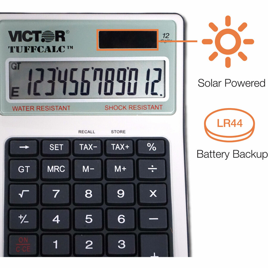 Victor 99901 TuffCalc Calculator - Extra Large Display, Angled Display, Water Proof, Shock Resistant, Battery Backup, 3-Key Memory, Independent Memory, Dual Power, Washable - Battery/Solar Powered - 1.8" x 4.6" x 6.5" - White - 1 Each - Desktop Display Calculators - VCT99901