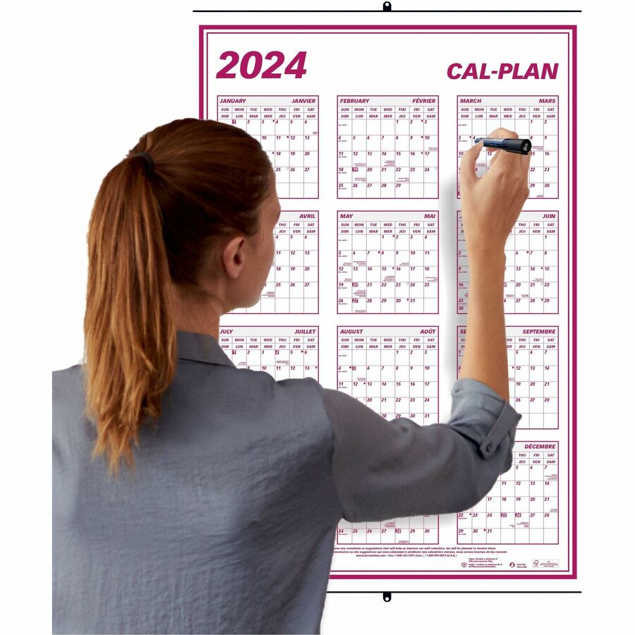 Blueline Wall Calendar - Yearly - January 2021 till December 2021 - 24" x 36" Sheet Size - Bilingual, Laminated, Erasable, Eyelet - 1 Each - Wall Calendars - BLIC177367