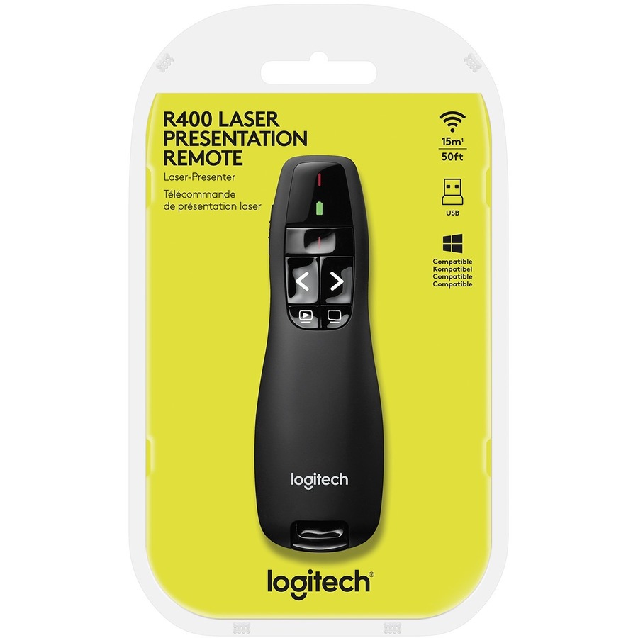 Logitech R400 Wireless Presenter - Laser - Wireless - 49.21 ft - Radio Frequency - 2.40 GHz - Black - 1 Pack - USB - 2