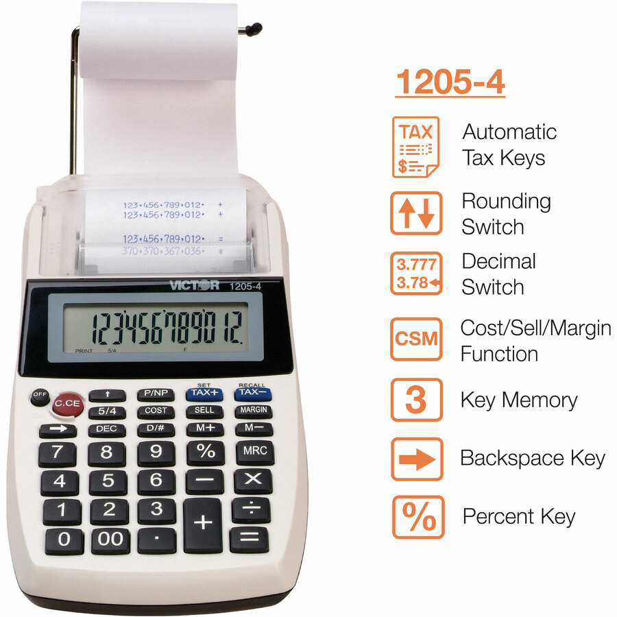 Victor 12054 Printing Calculator - 2 - Environmentally Friendly, Large Display, Independent Memory, 3-Key Memory - Power Adapter Powered - 1.8" x 4" x 8" - Multi, Black - 1 Each - Printing Calculators - VCT12054