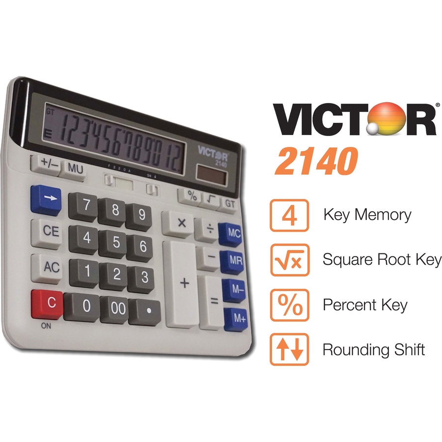 Victor 12-digit XL LCD Desktop Calculator - Independent Memory - 12 Digits - LCD - Battery/Solar Powered - 7.5" x 6" x 1.6" - 1 Each = VCT2140