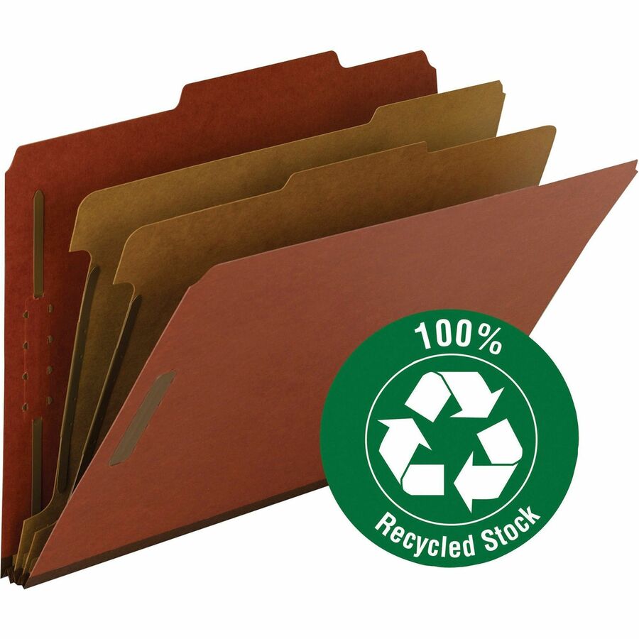 Smead 2/5 Tab Cut Legal Recycled Classification Folder - 8 1/2" x 14" - 2" Expansion - 2 x 2K Fastener(s) - 1" Fastener Capacity, 2" Fastener Capacity - Top Tab Location - Right of Center Tab Position - 2 Divider(s) - Pressboard - Red - 100% Recycled - 10 - Pressboard Classification Folders - SMD19023