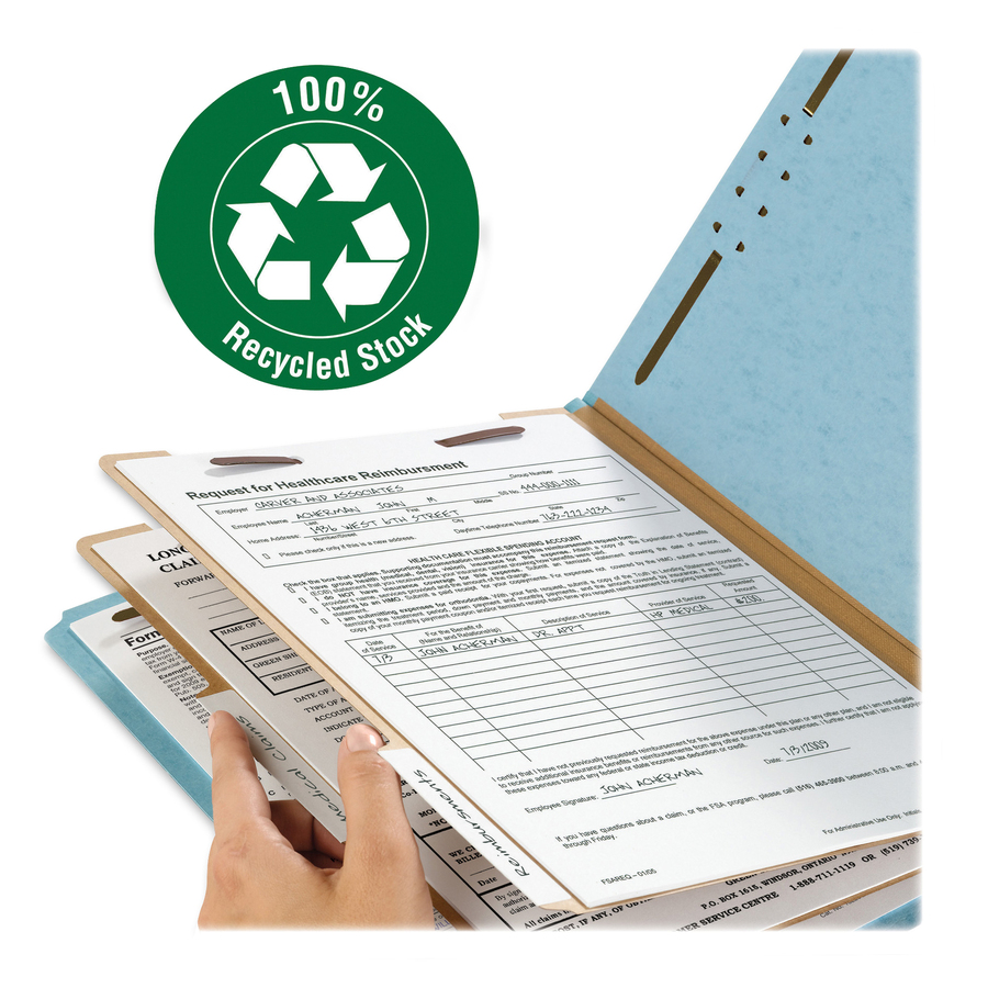 Smead 2/5 Tab Cut Letter Recycled Classification Folder - 8 1/2" x 11" - 2" Expansion - 2 x 2K Fastener(s) - 1" Fastener Capacity, 2" Fastener Capacity - Top Tab Location - Right of Center Tab Position - 2 Divider(s) - Pressboard - Blue - 100% Recycled, - Pressboard Classification Folders - SMD14021