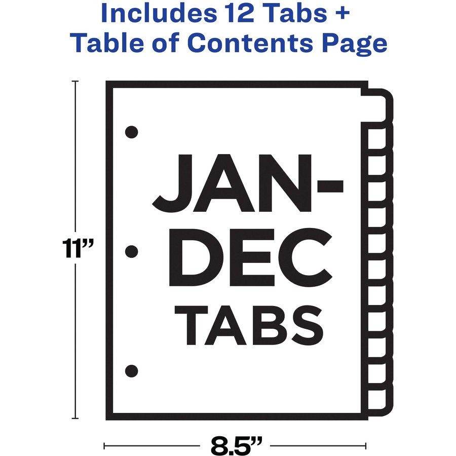 Avery® Ready Index Binder Dividers - Customizable Table of Contents - 12 x Divider(s) - Printed Tab(s) - Month - Jan-Dec - 12 Tab(s)/Set - 8.50" Divider Width x 11" Divider Length - Letter - 3 Hole Punched - White Paper Divider - Multicolor Paper Tab( - Index Dividers - AVE11127