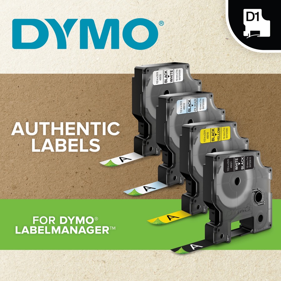 Dymo D1 Electronic Tape Cartridge - 1/2" Width - Thermal Transfer - Yellow - Polyester - 1 Each = DYM45018