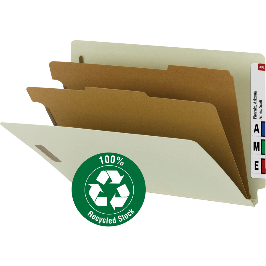Smead Legal Recycled Classification Folder - 8 1/2" x 14" - 2" Expansion - 2 x 2K Fastener(s) - 2 Divider(s) - Pressboard - Gray, Green - 100% Recycled - 10 / Box - End Tab Classification Folders - SMD29802