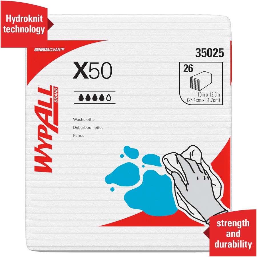 Wypall General Clean X50 Quarterfold Cleaning Cloths - Quarter-fold - 10" x 12.50" - White - Hydroknit - 26 Per Pack - 832 / Carton