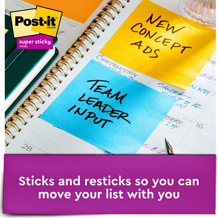 Post-it® Super Sticky Full Adhesive Notes - Energy Boost Color Collection - 360 - 3" x 3" - Square - 30 Sheets per Pad - Unruled - Neon Green, Fireball Fuchsia, Neon Orange, Yellow, Electric Blue, Neon Pink - Paper - Removable - 12 / Pack