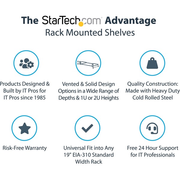 StarTech 1U 19" Universal Fixed Rack Mount Shelf - Short Depth 7" (CABSHELF1U) - Capacity 33 lbs/ 15kg