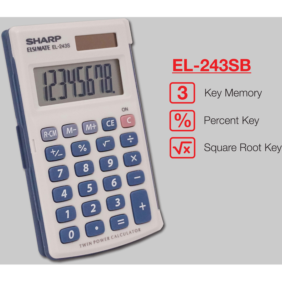 Sharp Calculators EL-243SB 8-Digit Pocket Calculator - 3-Key Memory, Sign Change, Auto Power Off - 8 Digits - LCD - Battery/Solar Powered - 1 - LR1130 - 0.4" x 2.5" x 4.1" - Gray, Blue - 1 Each - Handheld Calculators - SHREL243SB