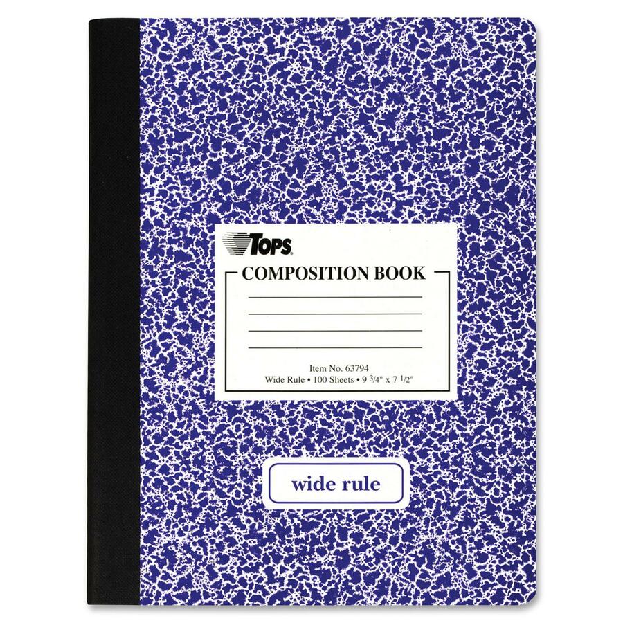 TOPS Wide Ruled Composition Books - 100 Sheets - 200 Pages - Sewn - Wide Ruled - Ruled Red Margin - 7 1/2" x 9 3/4" - White Paper - Assorted Marble Hardboard Cover - 1 Each