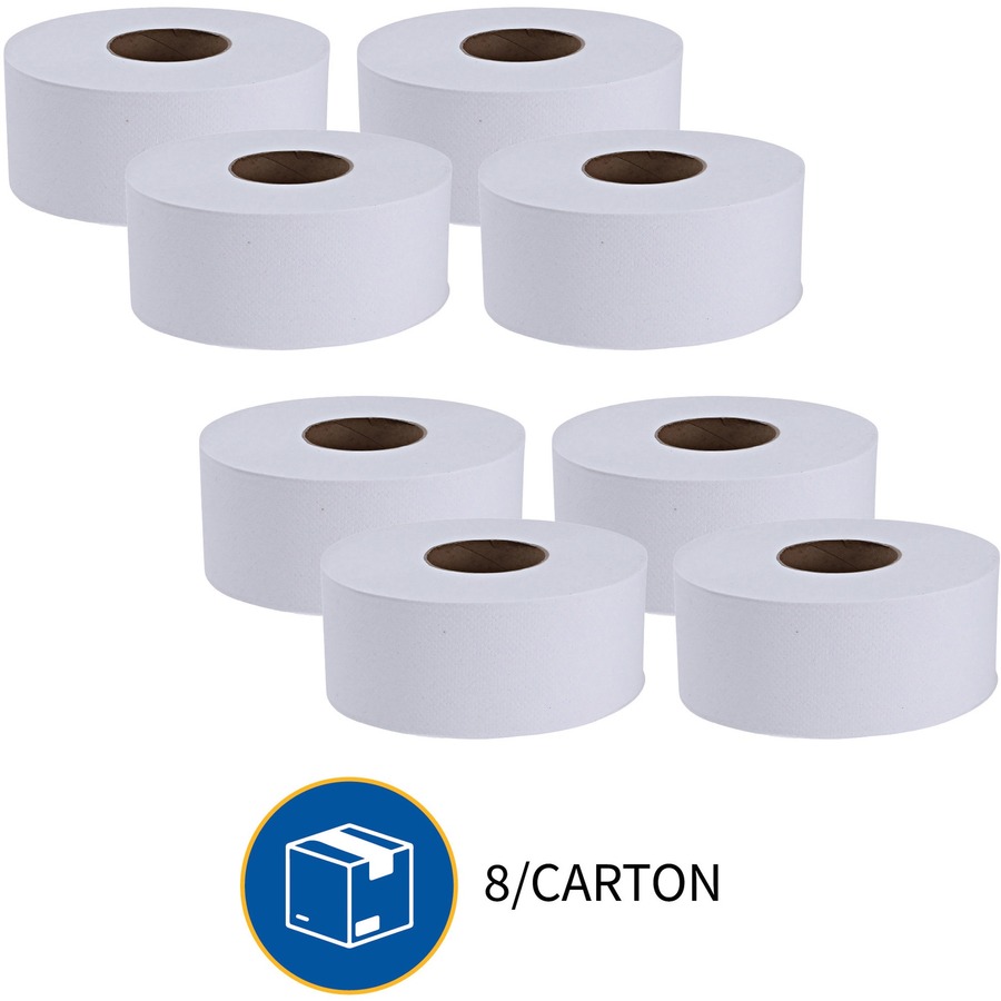 Genuine Joe Jumbo Dispenser Roll Bath Tissue - 2 Ply - 3.50" x 1000 ft - 9" Roll Diameter - 3.30" Core - White - 8 / Carton