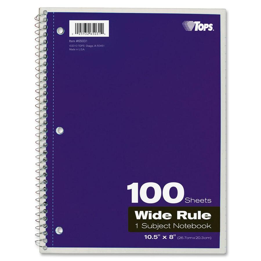 TOPS Wide Rule 1-subject Spiral Notebook - 100 Sheets - Wire Bound - 10 1/2" x 8" - 0.25" x 8" x 10.5" - Assorted Paper - BlackCard Stock, Red, Blue, Green, Purple Cover - Perforated, Subject, Easy Tear, Durable Cover - 1 Each